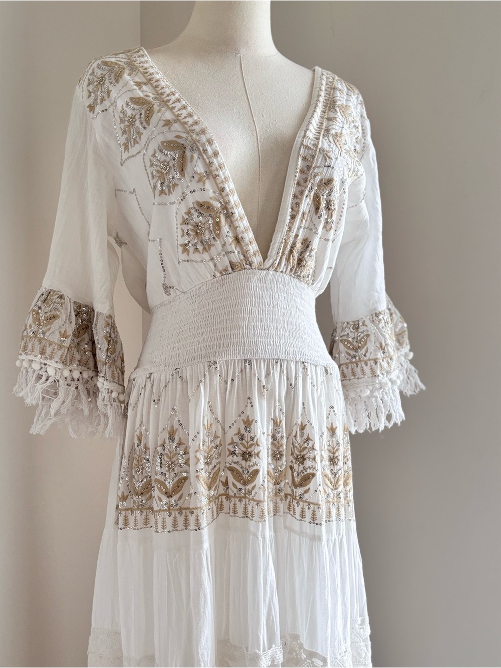 Antica Sartoria Embroidered Sequin Fringe Cotton Boho Maxi Dress One Size - Picture 4 of 7